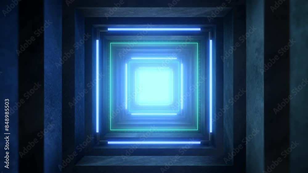 Travelling along an endless Sci-Fi style dark tunnel of square stone extrusions lit and edged with neon strip lights. Travelling along an endless Sci-Fi style dark tunnel of square stone extrusions lit and edged with neon strip lights.