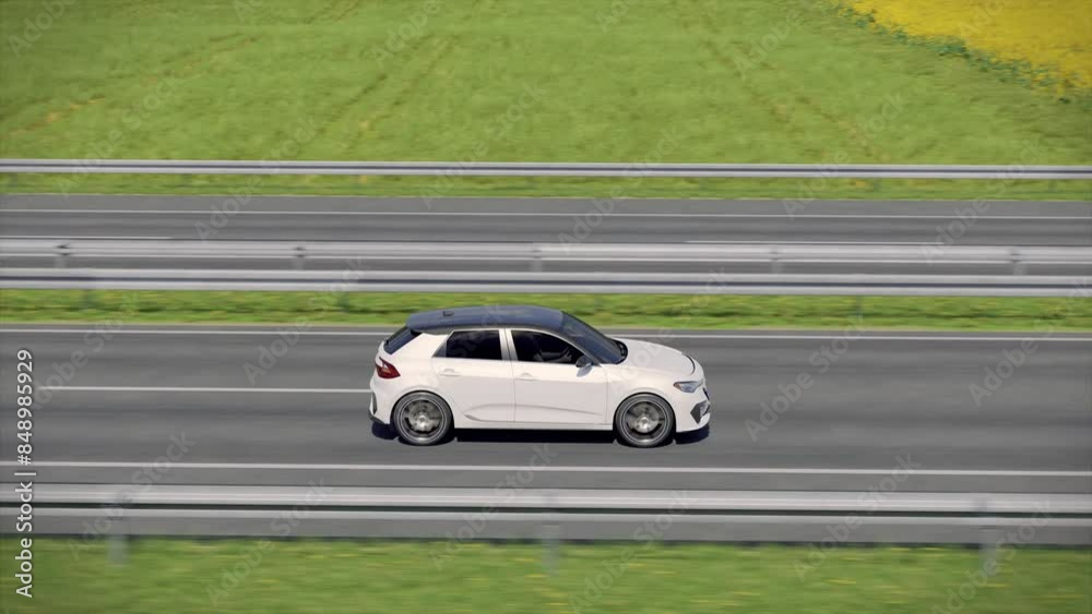Generic autonomous electric car driving along highway through countryside with lush fields, solar panels and wind turbines in background. Renewable energy concept. 3d rendering animation Generic autonomous electric car driving along highway through countryside with lush fields, solar panels and wind turbines in background. Renewable energy concept. 3d rendering animation