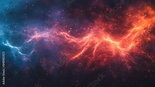 A colorful, fiery, and chaotic space with a blue and red line of fire photo