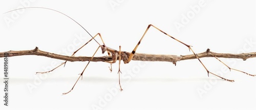 A stick insect with elongated body mimicking a twig isolated on a white background photo