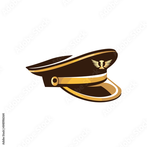 logo, vector logo of the airport captain's hat with an arrow on top, brown and gold colors, simple shapes