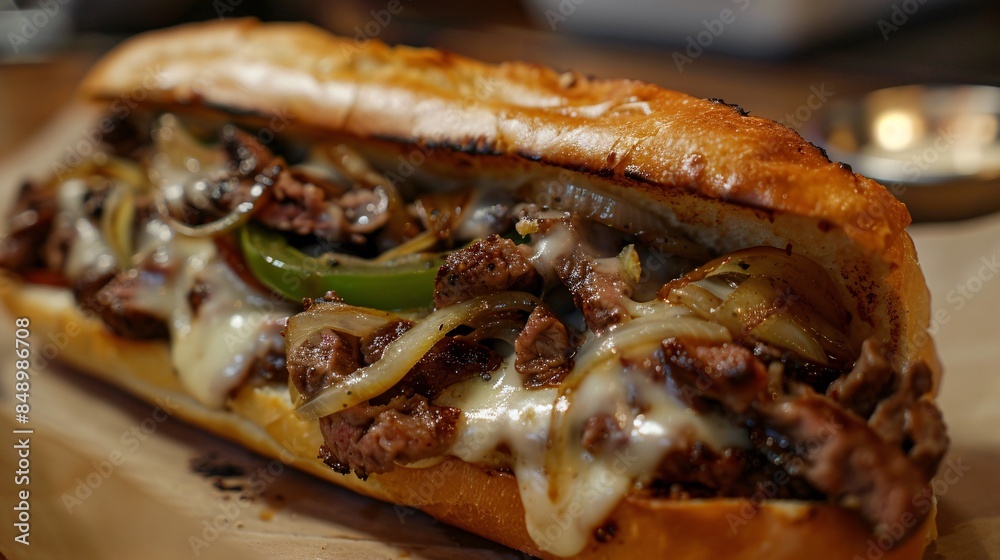 A sizzling Philly cheesesteak on a hoagie roll with thinly sliced ribeye steak, melted cheese, grilled onions, and green peppers. A sizzling Philly cheesesteak on a hoagie roll with thinly sliced ribeye steak, melted cheese, grilled onions, and green peppers.