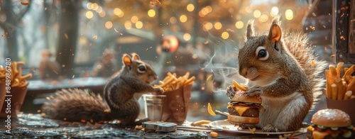 A squirrel nibbling on a burger, with extra hands holding fries and a drink in a backyard photo