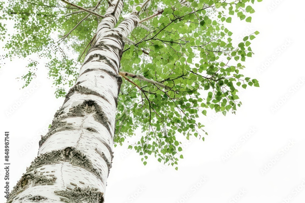 Fototapeta premium A tall birch tree with distinctive white bark and delicate green leaves isolated on a white background