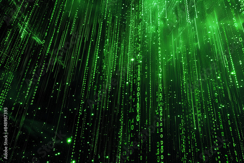 An image showcasing a vibrant green and black background with numerous intricate lines creating a visually captivating pattern, Digital code raining down in a matrix style,



