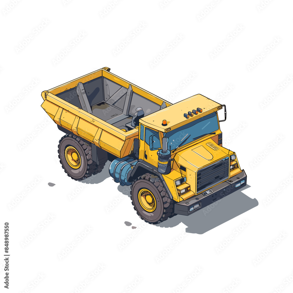 artistic isometric icon of an yellow dump truck, white background, dark blue outlines artistic isometric icon of an yellow dump truck, white background, dark blue outlines
