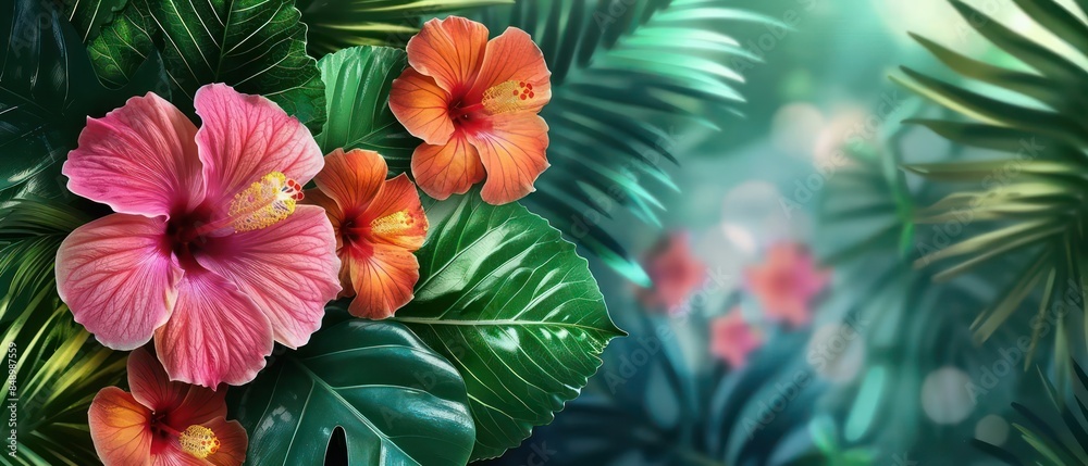 Naklejka premium A tropical summer banner background with vibrant hibiscus flowers and lush green foliage