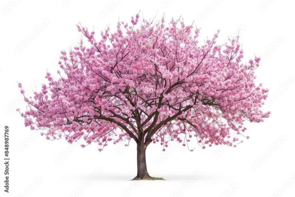 A vibrant cherry blossom tree in full bloom with delicate pink flowers isolated on a white background A vibrant cherry blossom tree in full bloom with delicate pink flowers isolated on a white background
