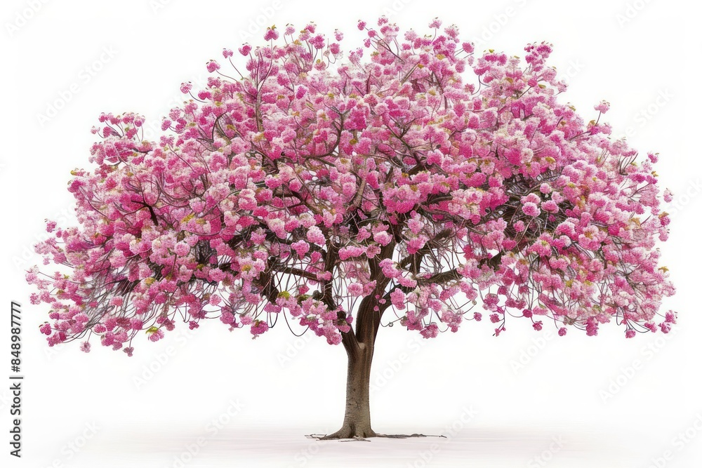 A vibrant cherry blossom tree in full bloom with delicate pink flowers isolated on a white background A vibrant cherry blossom tree in full bloom with delicate pink flowers isolated on a white background