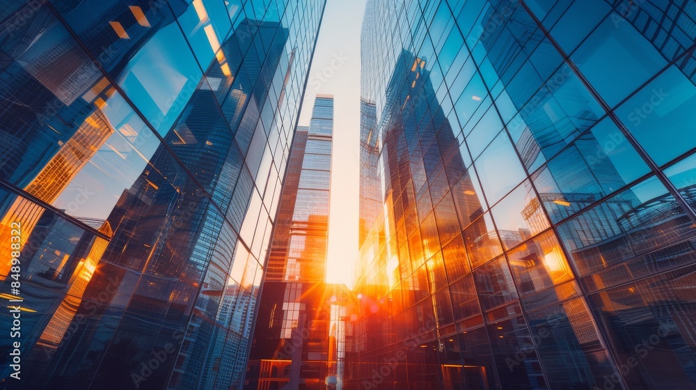Sunset reflections on modern glass skyscraper buildings Sunset reflections on modern glass skyscraper buildings