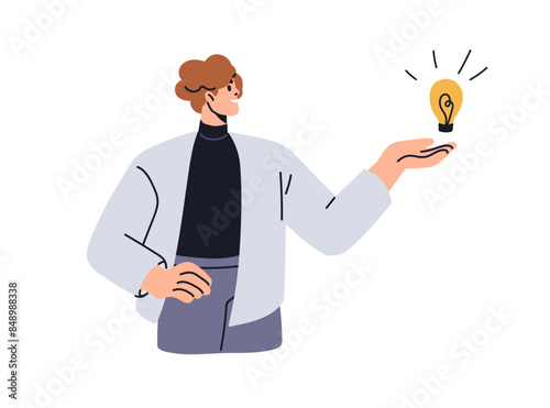 Idea, solution concept. Happy creative business character with bright lightbulb, eureka. New insight, thought, innovation. Light bulb symbol. Flat vector illustration isolated on white background