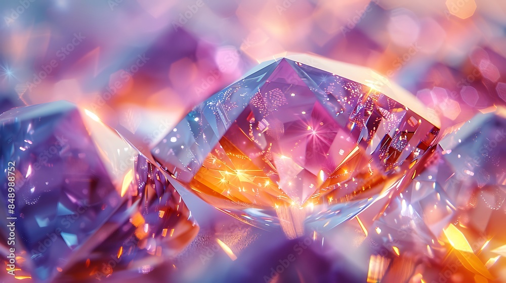 An abstract background featuring diamond shapes with sparkling jewel tones, shades of amethyst purple and topaz yellow, hd quality, digital rendering, high contrast, geometric design.