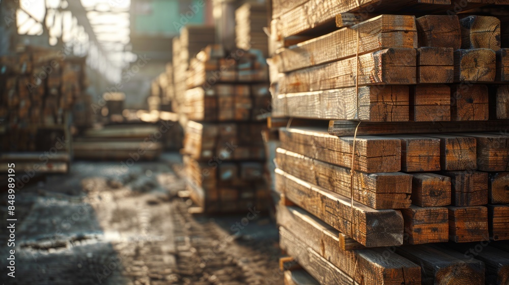 Stacked Wooden Beams in a Lumber Yard Stacked Wooden Beams in a Lumber Yard