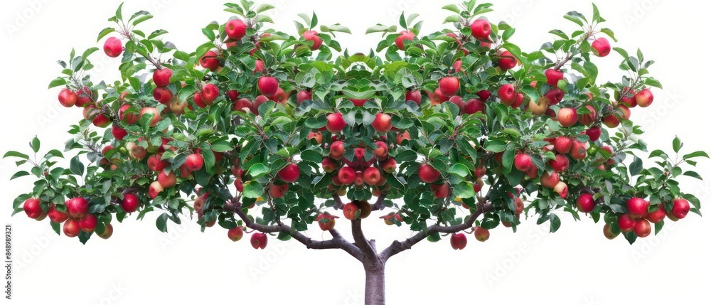 Obraz premium A young apple tree laden with bright red apples and fresh green leaves isolated on a white background