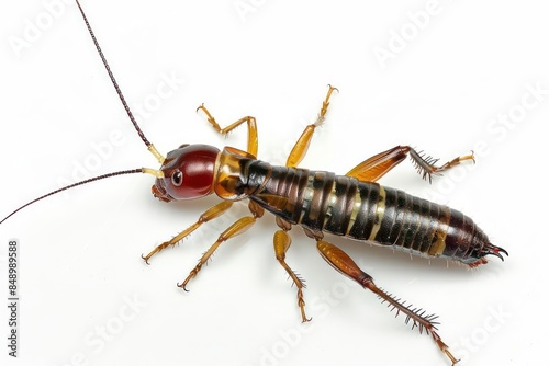An earwig with pincers on its abdomen and long antennae isolated on a white background