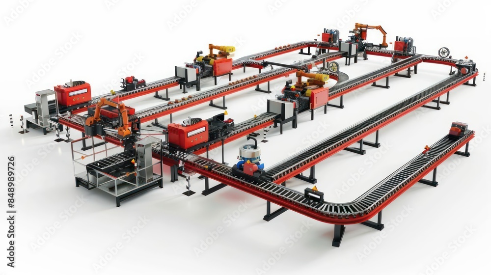 An efficient assembly line with synchronized mechanical components isolated on a white background An efficient assembly line with synchronized mechanical components isolated on a white background