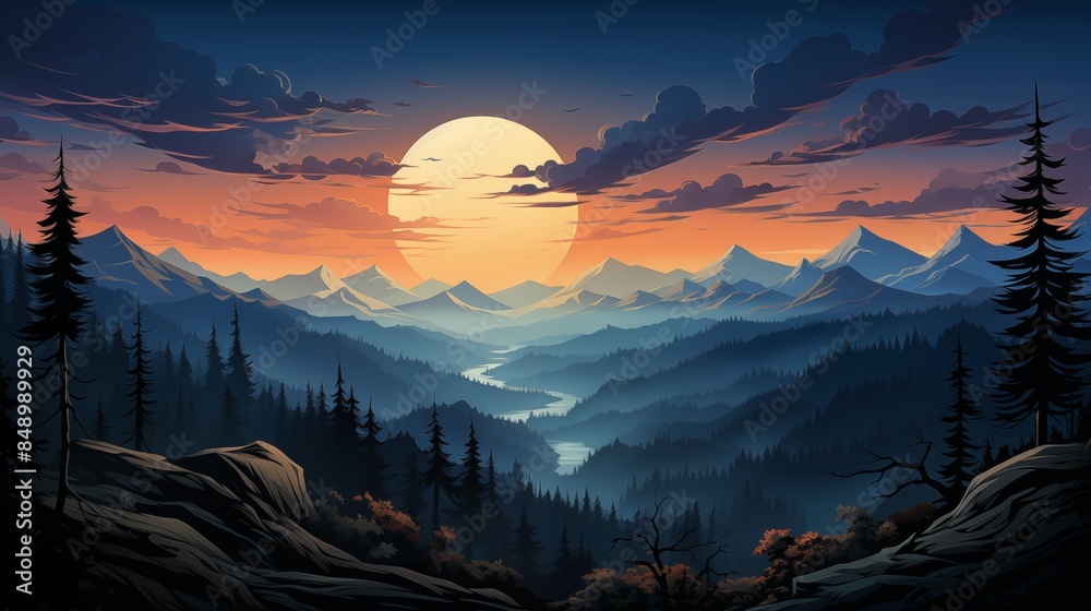 Vibrant Sunset Over Majestic Mountain Range and Serene Forest Landscape Vibrant Sunset Over Majestic Mountain Range and Serene Forest Landscape