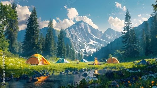 Cozy Campsite Amid Majestic Mountains and Lush Meadow Landscape