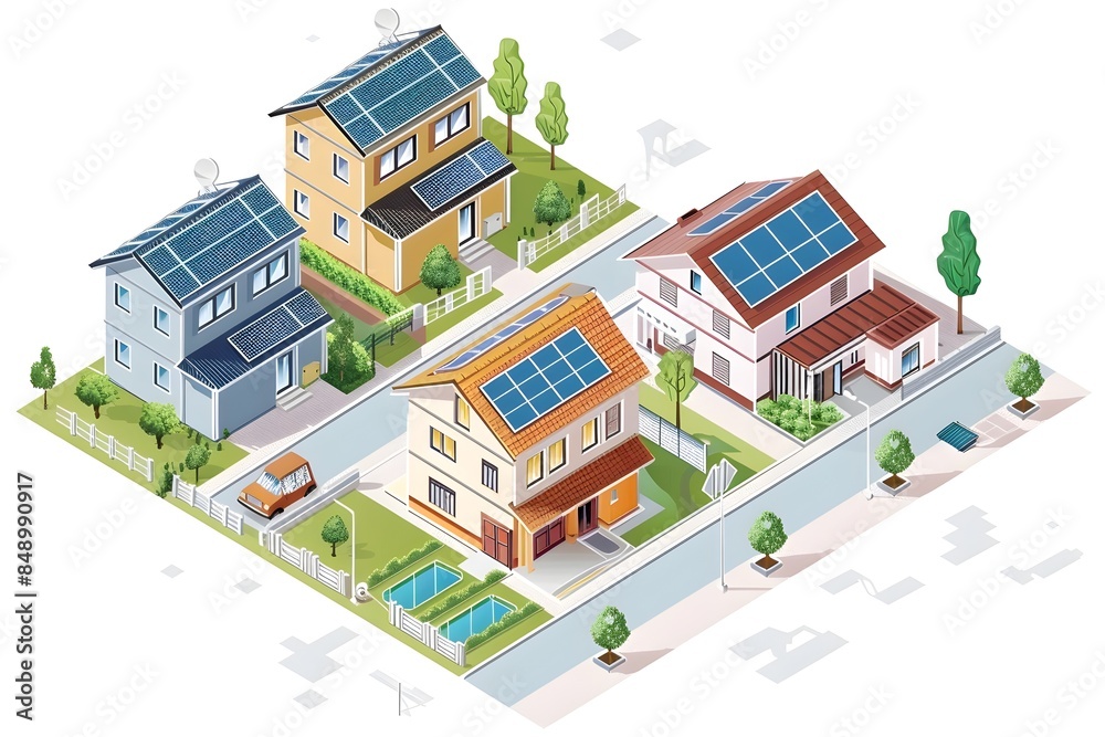 Isometric Diagram of a Sustainable Residential Neighborhood with Solar Powered Homes and Isometric Diagram of a Sustainable Residential Neighborhood with Solar Powered Homes and