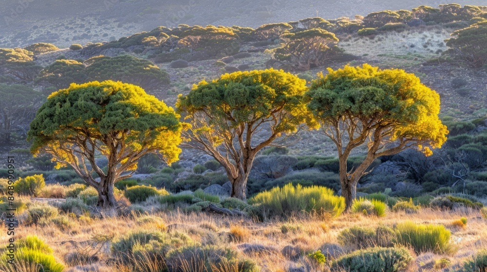 Three trees in a scenic landscape at golden sunset. Three trees in a scenic landscape at golden sunset.