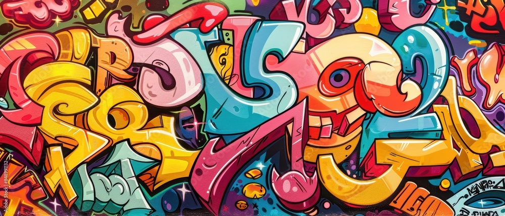 Bright and colorful graffiti letters and characters on a large wall, highresolution details and vibrant urban energy Bright and colorful graffiti letters and characters on a large wall, highresolution details and vibrant urban energy