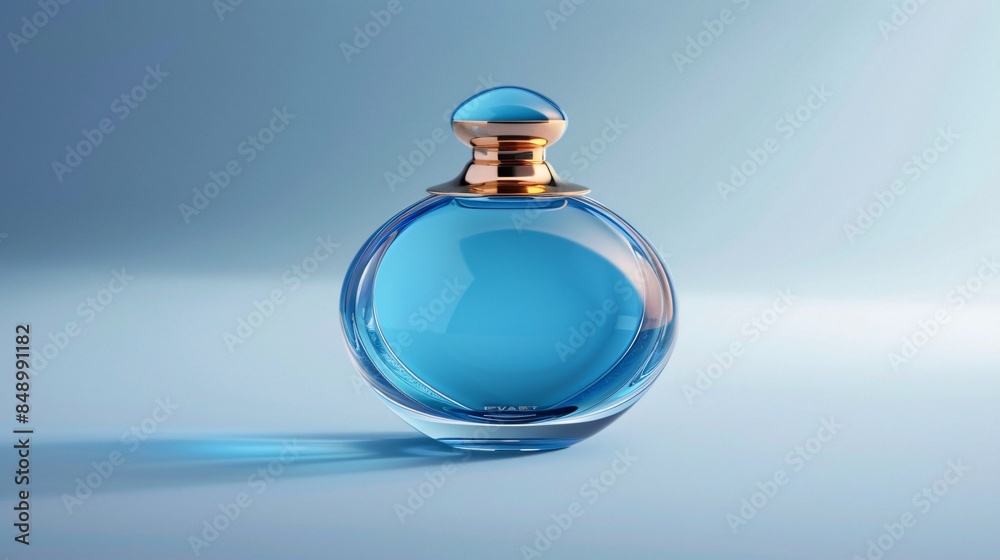 Elegant perfume bottle with a sleek design, filled with a vibrant blue liquid, topped with a gold cap, isolated on a white background Elegant perfume bottle with a sleek design, filled with a vibrant blue liquid, topped with a gold cap, isolated on a white background