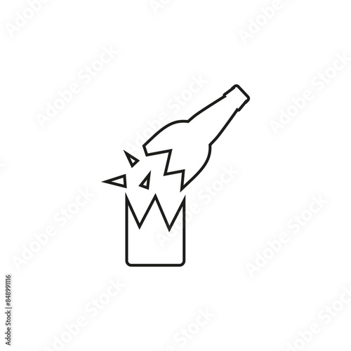 Broken beer glass bottle with glass shards and fragments. Isolated vector illustration in line and outline style.