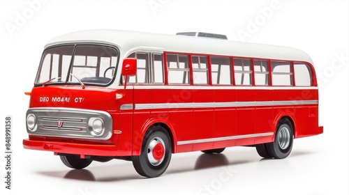 Old red and white bus isolated on white background. Vintage city transport. A public transportation vehicle