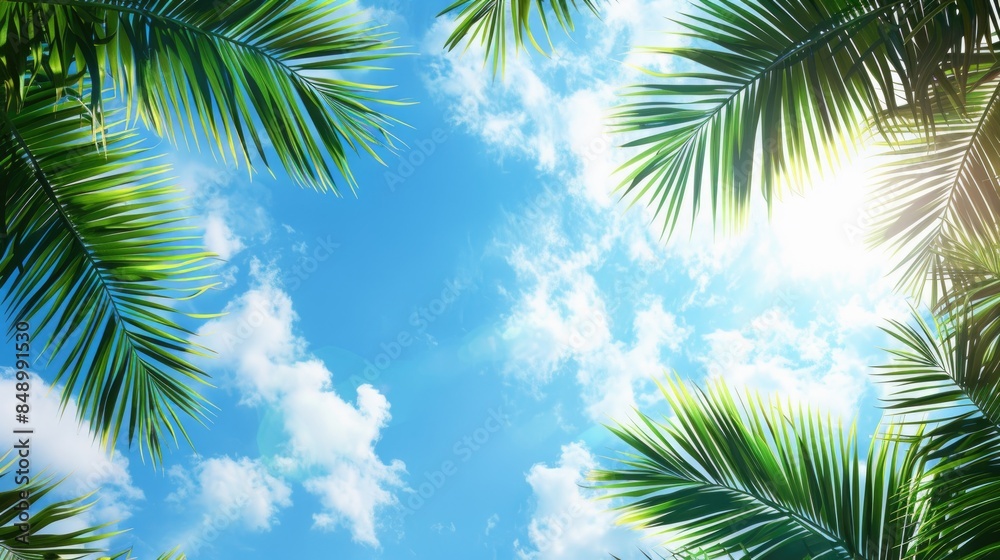 Naklejka premium Large green palm leaves on a blue sky background. Summer background. The concept of travel, tourism, and recreation.