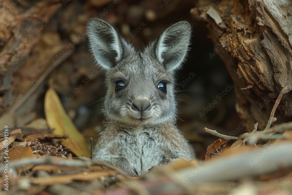 Obraz premium Baby Kangaroo: A tiny baby kangaroo, or joey, peeking out from its mother's pouch in the Australian outback.