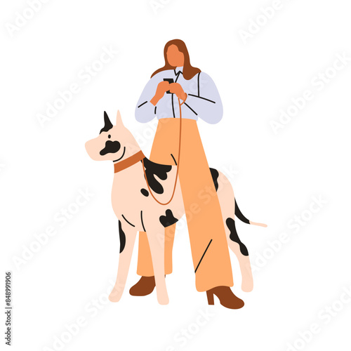 Woman walking dog. Female pet owner holding leash of big tall doggy breed and mobile phone. Lady and large canine companion, puppy outdoors. Flat vector illustration isolated on white background