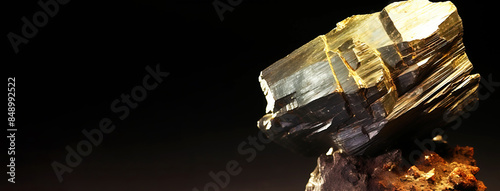 Cubanite fossil mineral stone. Geological crystalline fossil. Dark background close-up. photo