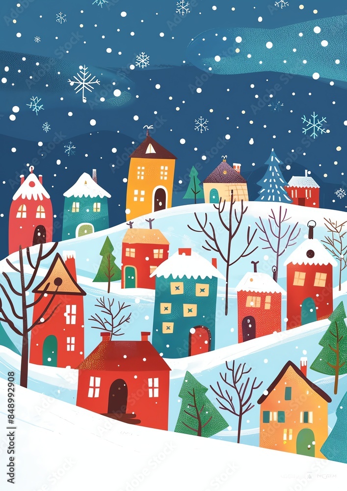 3d, a greeting card with houses and trees in the snow, colorful cartoon illustration of smiling characters, bold lines, simple shapes, flat design, textured illustrations, Christmas theme, 3d, a greeting card with houses and trees in the snow, colorful cartoon illustration of smiling characters, bold lines, simple shapes, flat design, textured illustrations, Christmas theme,