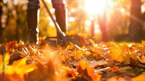 Person raking colorful autumn leaves in a sunlit park, capturing the essence of fall season and outdoor activity. photo