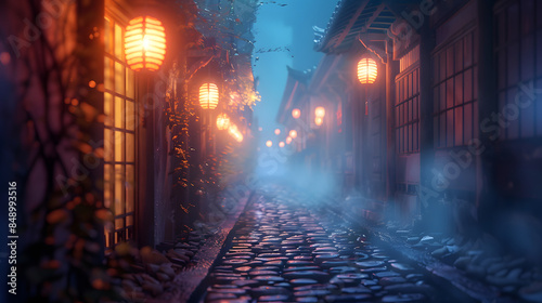 Atmospheric Night Street with Japanese Lanterns, Misty Evening in Traditional Village, Cobblestone Path, Tranquil Ambience © HNXS Digital Art