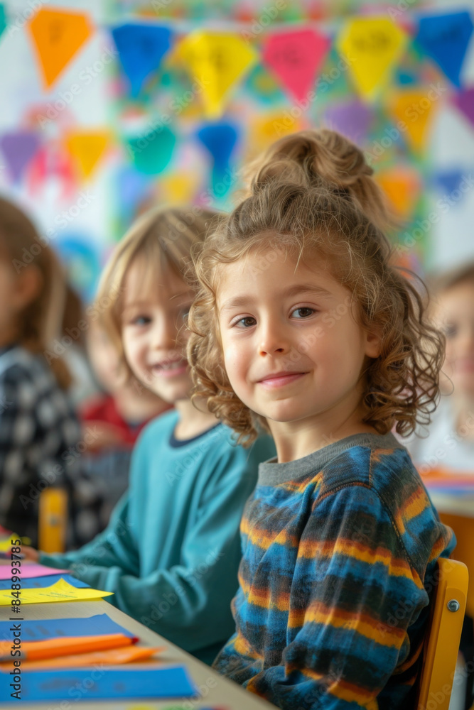 Vibrant portrait of children engaged in educational activities in a bright classroom setting. Vibrant portrait of children engaged in educational activities in a bright classroom setting.