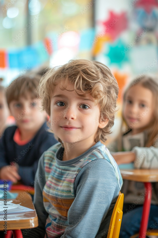 Vibrant classroom scene with children engaged in colorful activities. Vibrant classroom scene with children engaged in colorful activities.