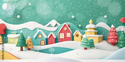 Wallpaper Mural 3d, a greeting card with houses and trees in the snow, colorful cartoon illustration of smiling characters, bold lines, simple shapes, flat design, textured illustrations, Christmas theme, Torontodigital.ca