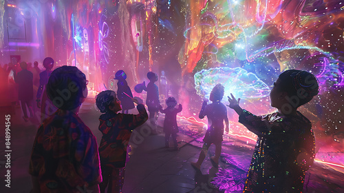 A group of children are standing in front of a colorful, glowing wall photo