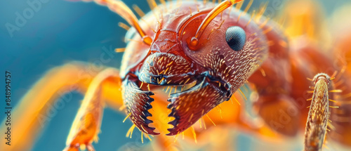 Intricate details of aggressive red imported fire ant in vibrant close-up shot.