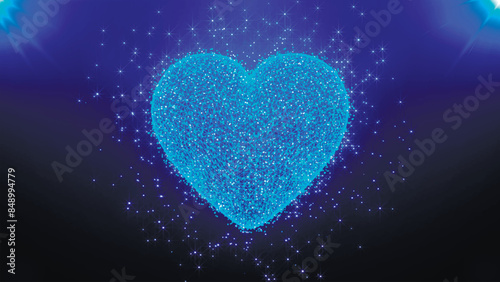 Valentine's day and love animation, glowing particles, rays, Valentine and marriage concept, dark blue gradient background. Happy Valentine's Day background heart. 3d Vector.