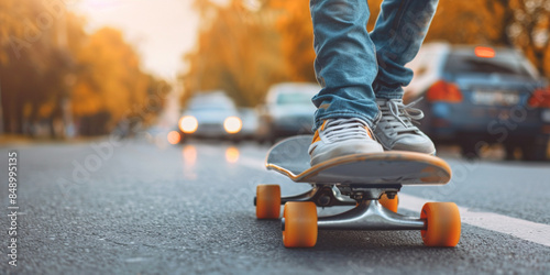 Close-up feet in sneakers balancing on board. Young man ride skate on road. Dangerous safety rules traffic law emergency situation concept. Skater teenager riding skate roadway with cars on background