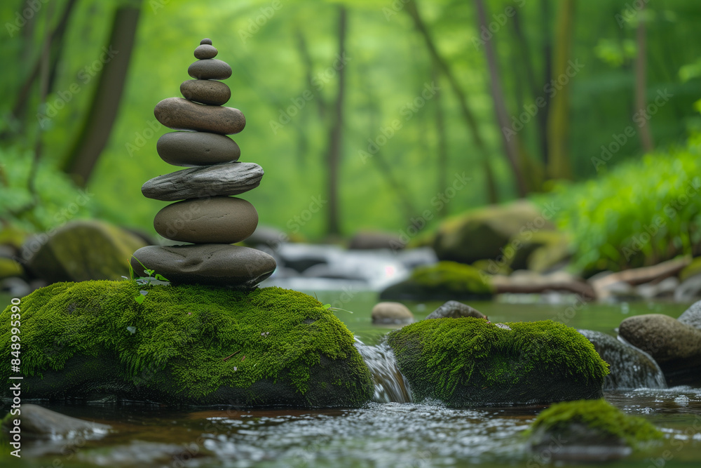 Experience the art of balance with rocks delicately stacked atop one another on moss covered stones. Amidst the greenery and flowing creek, a Zen stack emerges, creating a serene scene in the forest b Experience the art of balance with rocks delicately stacked atop one another on moss covered stones. Amidst the greenery and flowing creek, a Zen stack emerges, creating a serene scene in the forest b