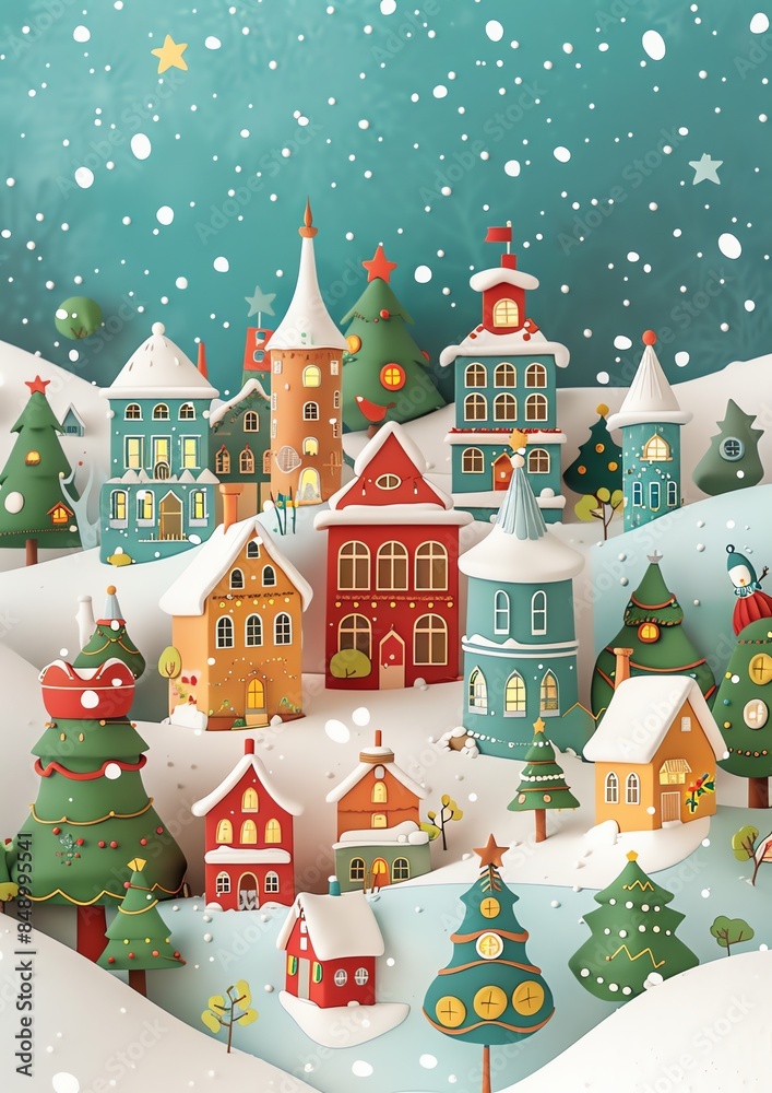 3d, a greeting card with houses and trees in the snow, colorful cartoon illustration of smiling characters, bold lines, simple shapes, flat design, textured illustrations, Christmas theme, 3d, a greeting card with houses and trees in the snow, colorful cartoon illustration of smiling characters, bold lines, simple shapes, flat design, textured illustrations, Christmas theme,
