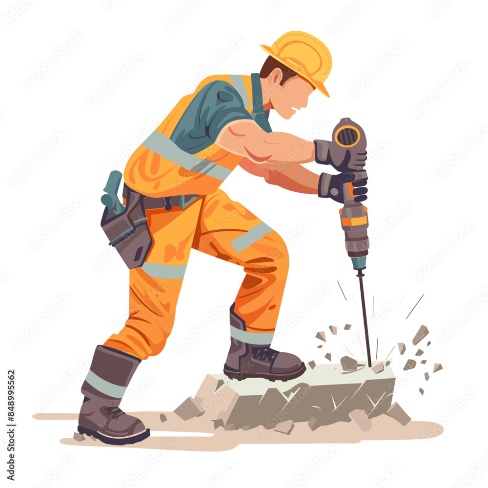 A male worker in an orange uniform is using a drill to drill holes in the ground, a watercolor clipart graphic A male worker in an orange uniform is using a drill to drill holes in the ground, a watercolor clipart graphic