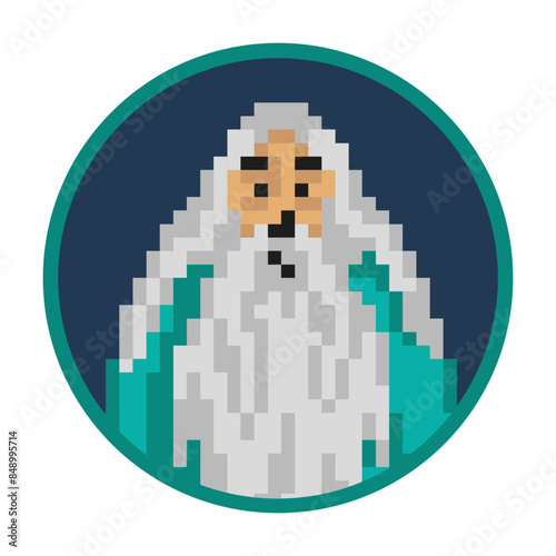 Pixel portrait of a gray-haired old man with a beard in a round frame.