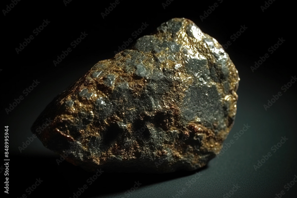 Tetrataenite fossil mineral stone. Geological crystalline fossil. Dark background close-up. Tetrataenite fossil mineral stone. Geological crystalline fossil. Dark background close-up.