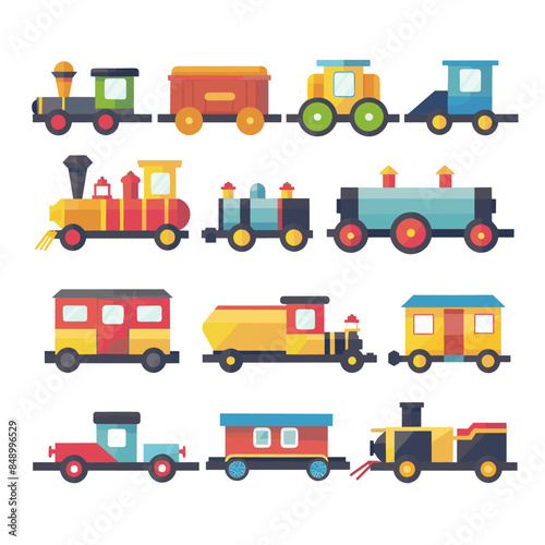 A set of flat vector icons featuring colorful toy trains in various shapes and sizes © Suhardi