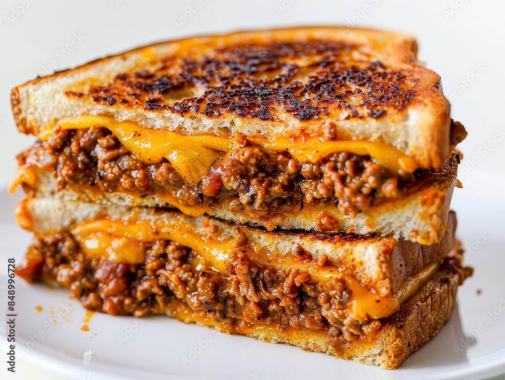 A close-up of a three-layer sloppy joe grilled cheese sandwich with melted cheese and savory meat filling. A close-up of a three-layer sloppy joe grilled cheese sandwich with melted cheese and savory meat filling.
