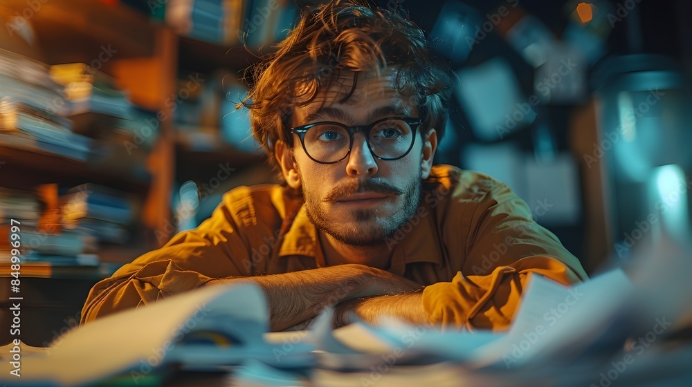Overworked professional surrounded by paperwork feeling exhausted and stressed at work Overworked professional surrounded by paperwork feeling exhausted and stressed at work
